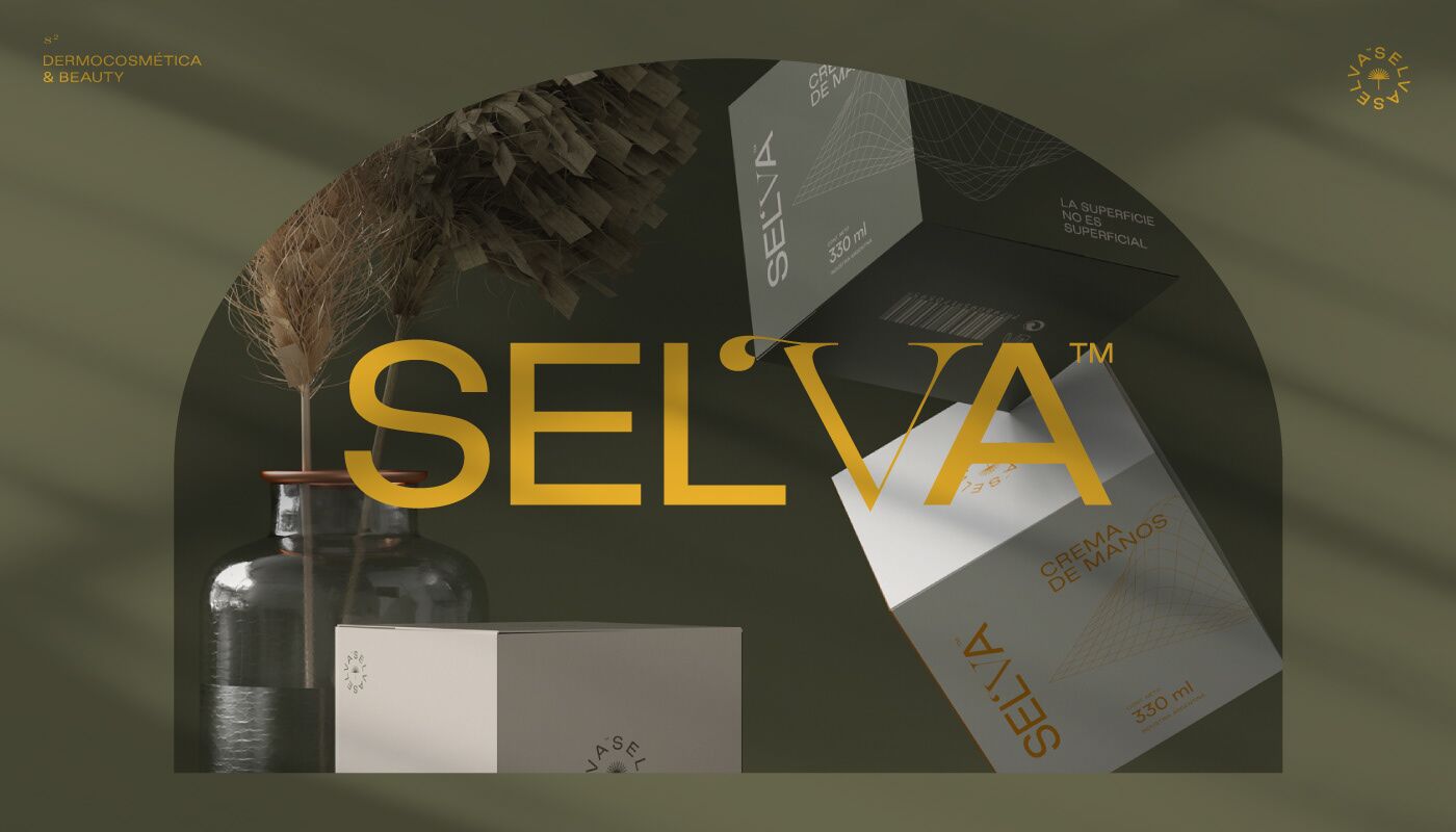 Selva logotype over product renders.